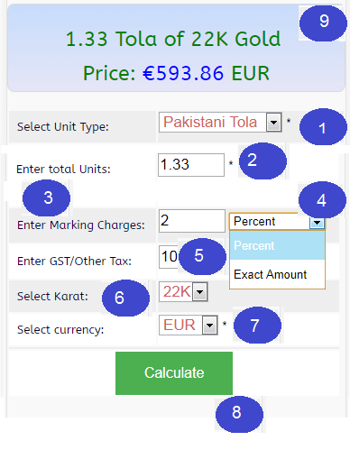 Gold Jewelry Price Calculator Of 22k 21K 18k 14K Gram Oz Tola 